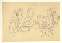 39663 Afbeelding van vier etende meisjes.